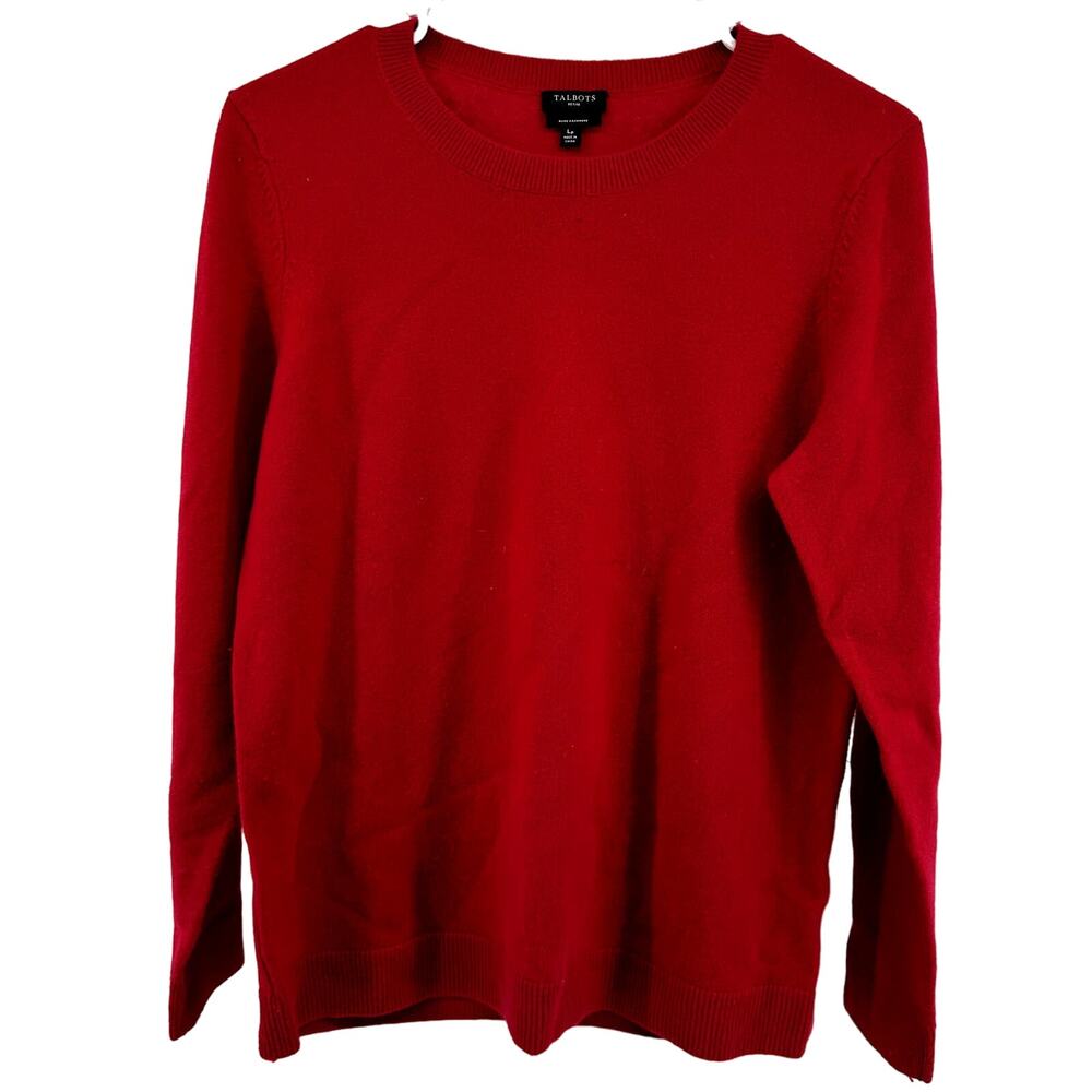Talbots Pure Cashmere Sweater Ribbed Trim Pullover Crew Neck Red Large Petite
